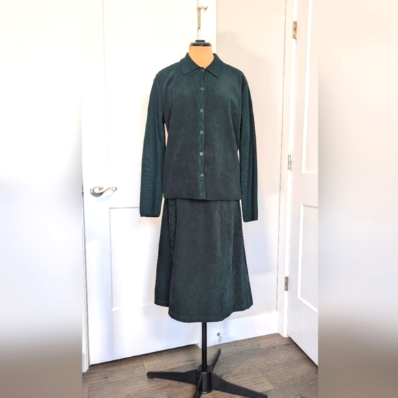 Vintage Talbot's skirt set merino wool sweater jacket faux suede green skirt Lrg - Picture 1 of 12